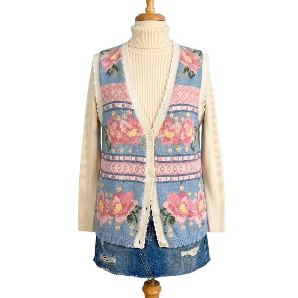 Cottagecore Floral Knit Sweater Vest Blue Pink Hand Embroidered MEDIUM